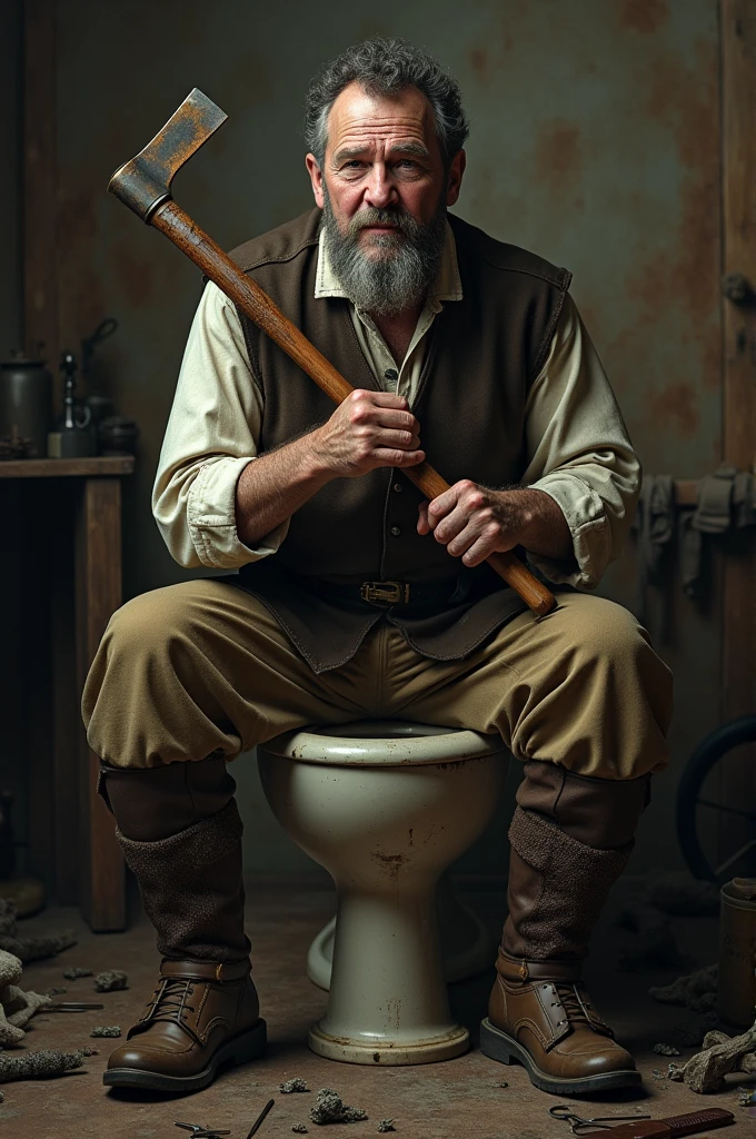 Medieval hairdresser sitting on a toilet supporting an axe. Drops of sweat come out of his reddened face.