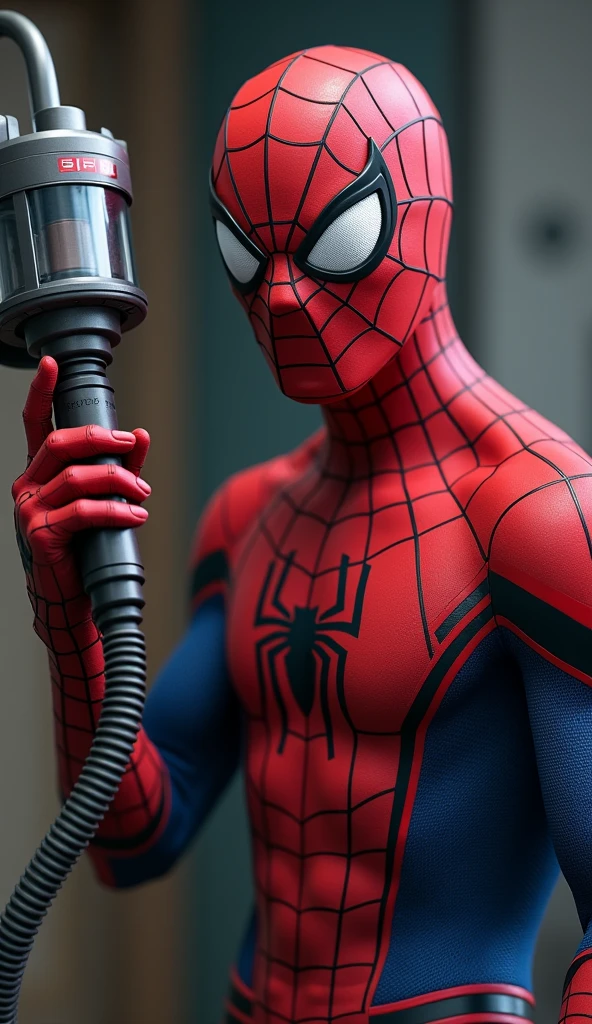Spider-Man Inspecting the Vacuum**: Spider-Man looking incredulously at the vacuum cleaner, holding it up and examining it as if trying to understand how it could be his web-shooters.