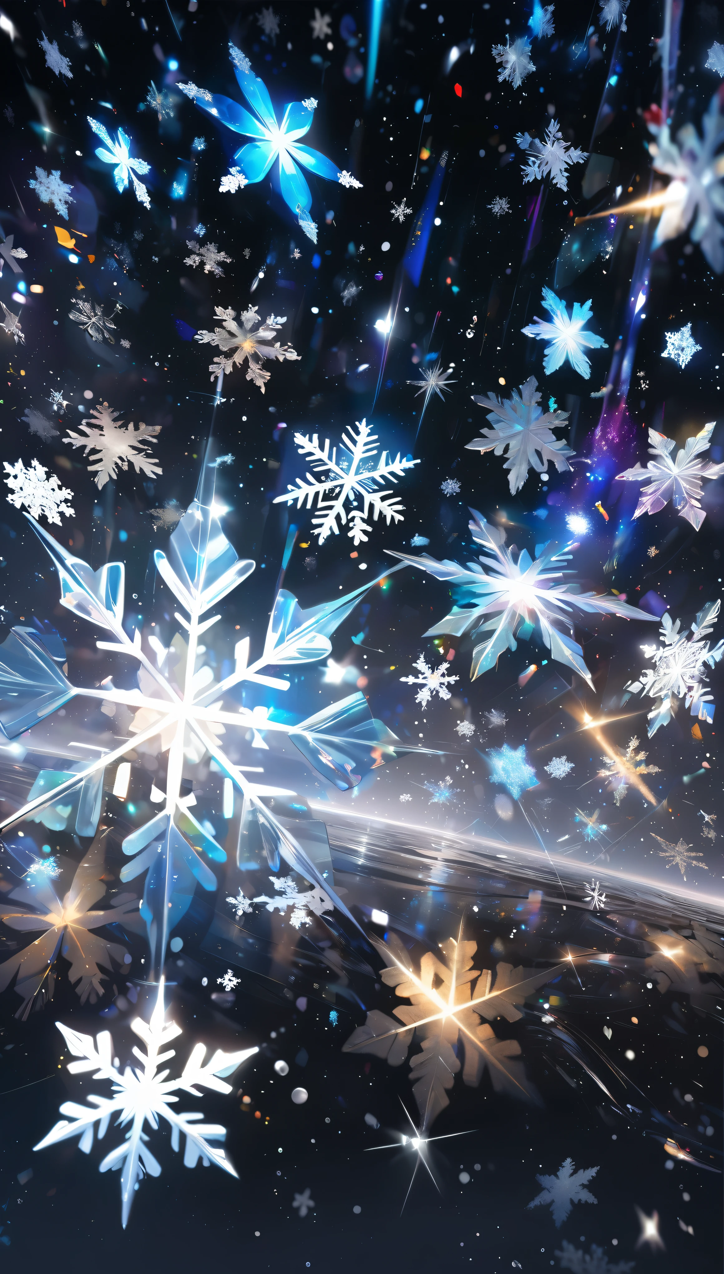 Black painted canvas, transparent, Sparkling snowflakes falling, transparent holographic reflection, 