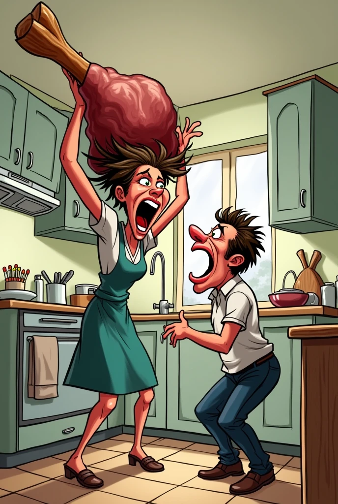 I need a cartoon image of a woman killing her husband with a leg of lamb in her hand