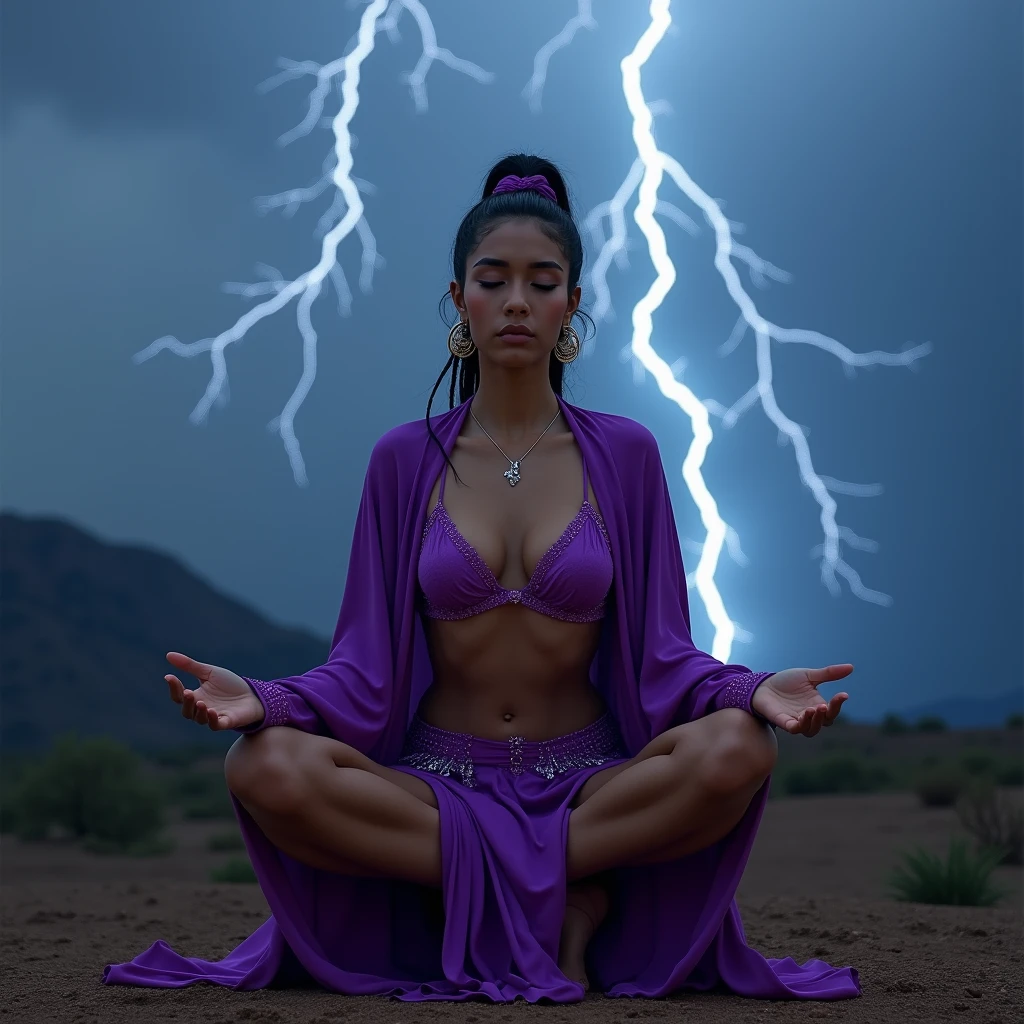 1 nubile Moroccan girl wearing vivd glossy Jezebel in the bible costume and in namaste and extreme squatting, 3:4 full frontal body portrait, ((merge and use young faces of Lynda Carter and Rila Fukushima into best 50/50 blend)), (eyes wide open, wide open eyes, blank stare, best detailed face, best lifelike face, best lifelike nose and eyes), Grecian upstyle hairstyle with high standing ponytail, pucker lips, pale snowy colored skin, huge hoop earrings, bodacious, playboy playmate archetype, perfect bikini body, (((massive breasts))), sweaty, show armpits, showing both armpits, cameltoe, underboobs, wearing vivid glossy neon-purple harem ensemble, mindless facial expression, deeply hypnotized facial expression, deeply entranced facial expression, ((primeval backdrop with Intense lightning strikes and severe thunderstorms towering over misty mountains)), (RAW Photo, 12K, best quality, best masterpiece, hires, best realism, best photorealism, vivid colors and natural outdoor lighting)