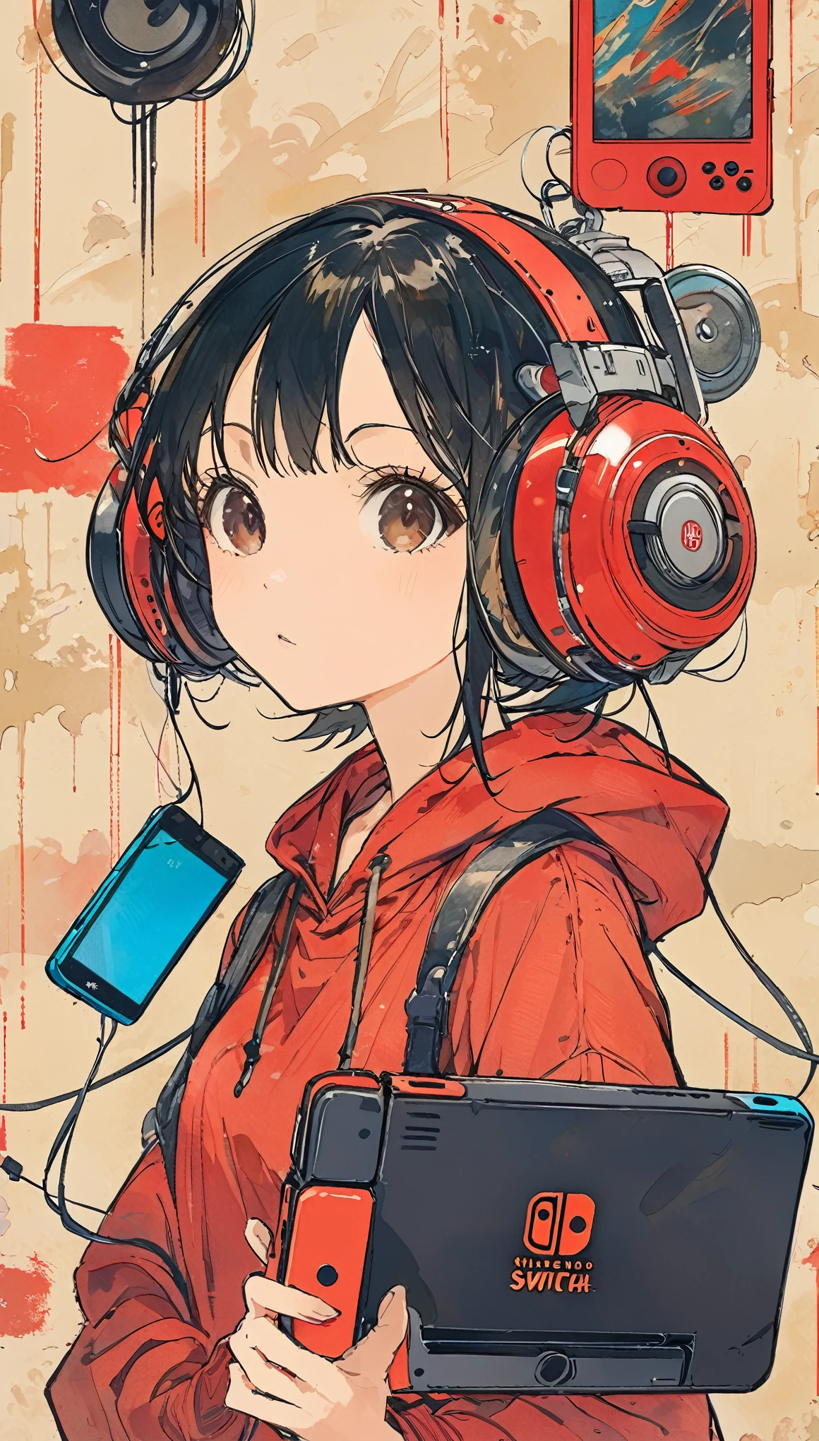 (Skinny girl) (Short bob style hair) (Black Hair) (Dark brown eyes) (parts) (Playing on Nintendo Switch)、Upper Body、Red hoodie、Headphones、The Style of Kawanabe Kyosai