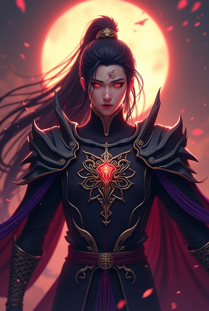 Handsome young xianxia protagonist,charming handsome,guy,man,long black hair, Crimson red eyes combination ,and long black with ,and the golden rune motiv  scratched on his forehead,use armour featuring like God of evil  with black and  purple dominant color,pauldron protective shape like dragon head,breastplate featuring like qiongqi four perils Chinese beast((search reference for 4 perils Chinese beast qiongqi)),breastplate detailed qiongqi head shape,shoulder protective dragon shape like head red and blue,sun and moon and circling at the background,ultra detail,the tassel of the armour like river of galaxy, combination of black and red dominant color,darkest red dominant color, Crimson dark red dominant color armour,with majestic purple line ,held  halberd of abyss, And demonic black  wings at back,archdemon wings at back,terrifying aura around,24K ultra hd,face and eyes detail,lips and face detail,masterpiece ,better quality 
