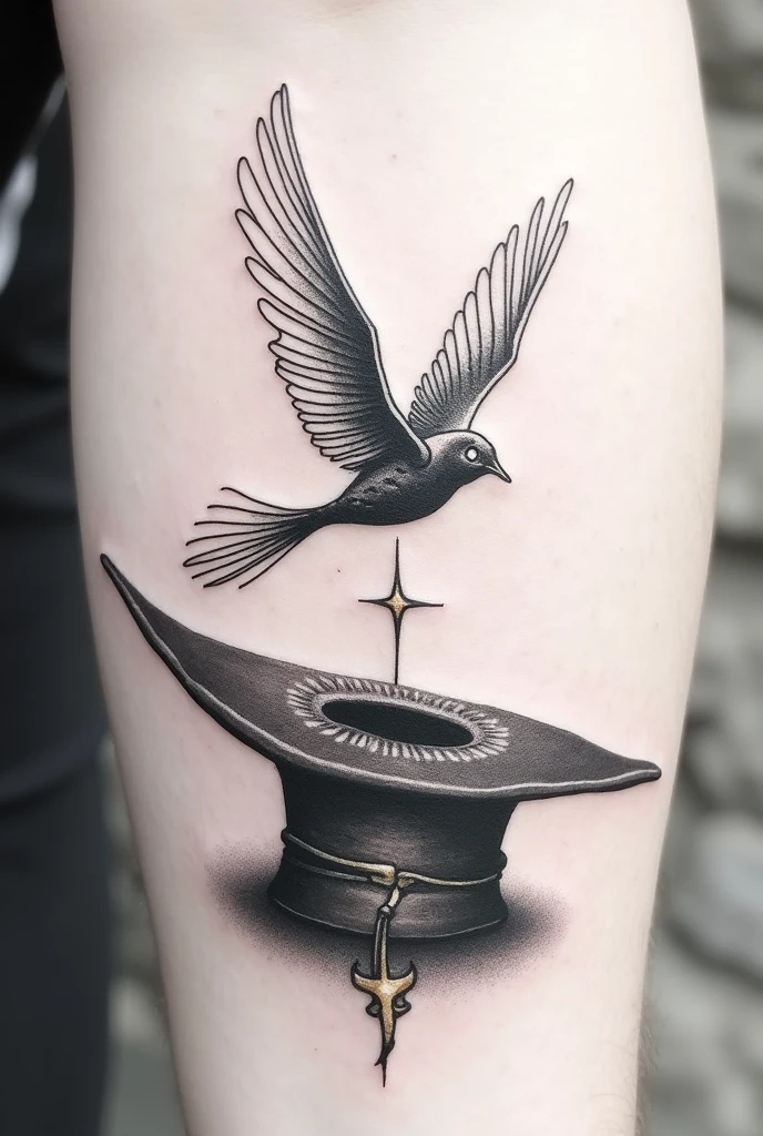 I want a small-medium sized tattoo that combines the golden snitch and the Harry Potter sorting hat, The tattoo must be black and retain the characteristic features of the 2 elements