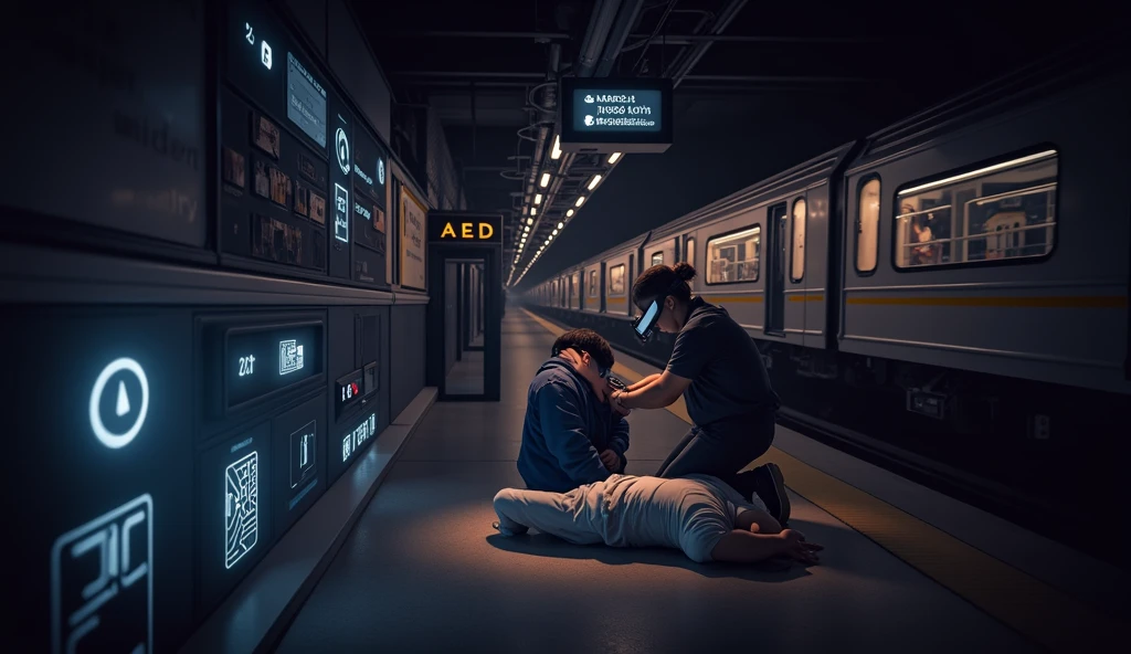 Scene at subway station,A subway train passing by in the background,Someone in front is wearing VR and using AED to rescue the person lying down.,Technology lines