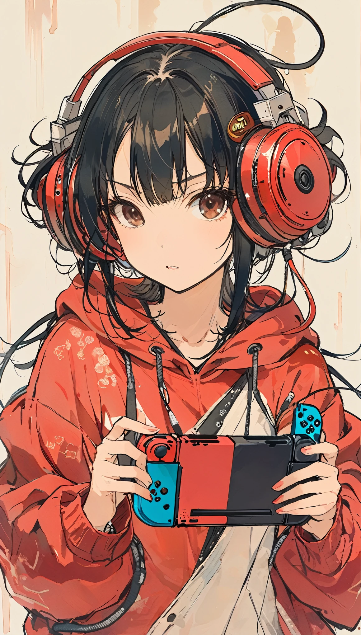 (Skinny girl) (Short bob style hair) (Black Hair) (Dark brown eyes) (parts) (Playing on Nintendo Switch)、Upper Body、Red hoodie、Headphones、The Style of Kawanabe Kyosai