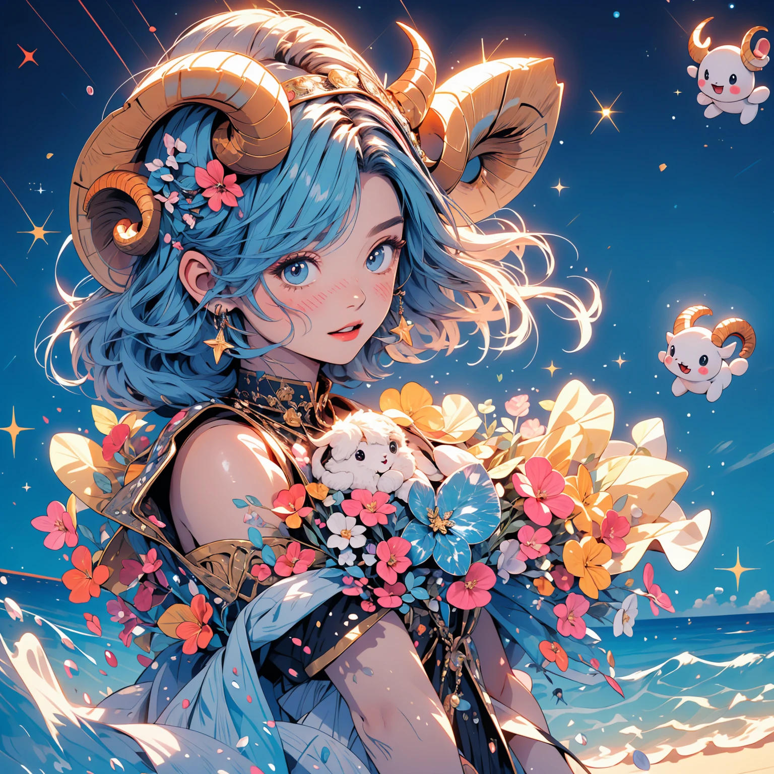 A high-quality 8K illustration featuring a chibi-style representation of the Aries goddess. The scene is set against a pale, ethereal background filled with stars and constellations. The Aries goddess has cute ram-like horns, flowing hair, and a celestial outfit that sparkles with stardust. She holds a small star in her hand, and beside her is a tiny chibi ram, playfully jumping around. The atmosphere is magical and dreamy, with a blend of soft pastel colors.