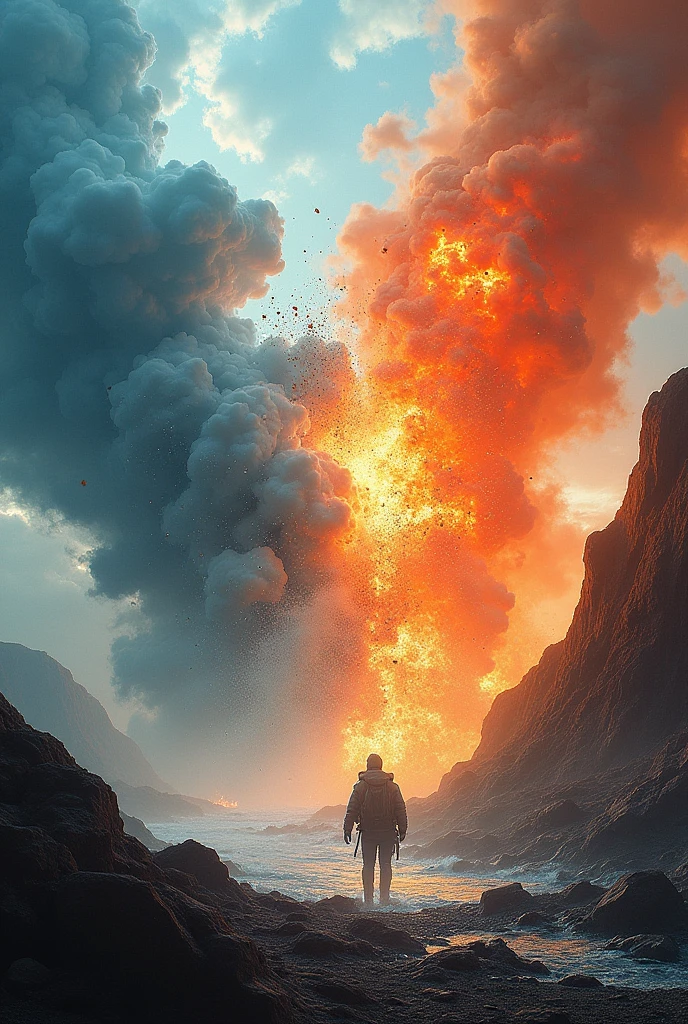 land, water, wind is fire mixing creating an explosion