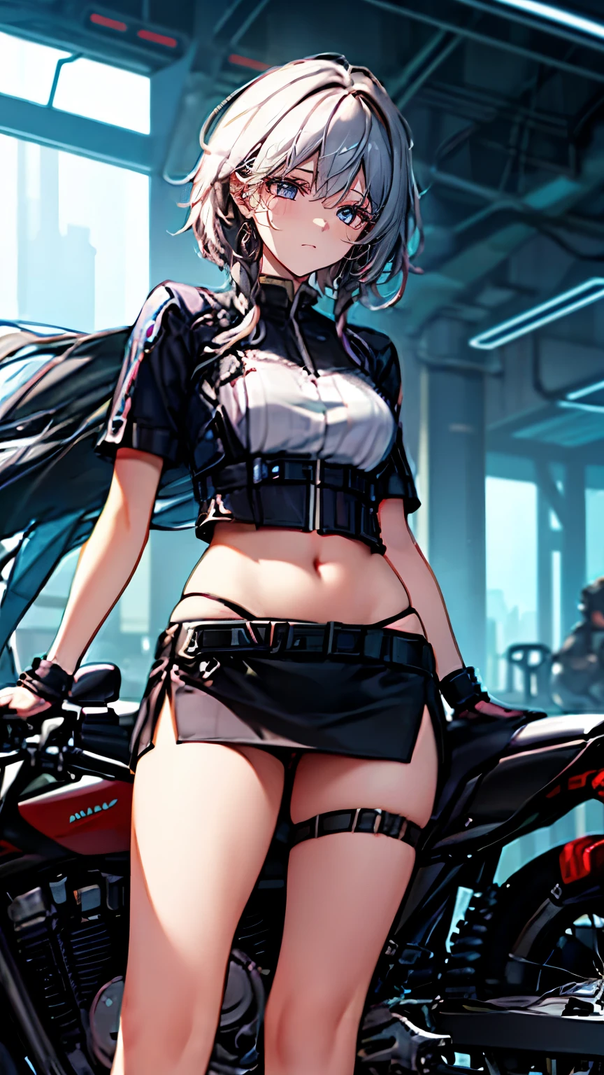 （Very delicate and beautiful：1.2）super model,,Beautiful breasts,voluptuous,【bike shorts】,,【3girls】,,Highest quality, High resolution, 8k,mini skirt.Three people.cyber punk.Mechanical Sword