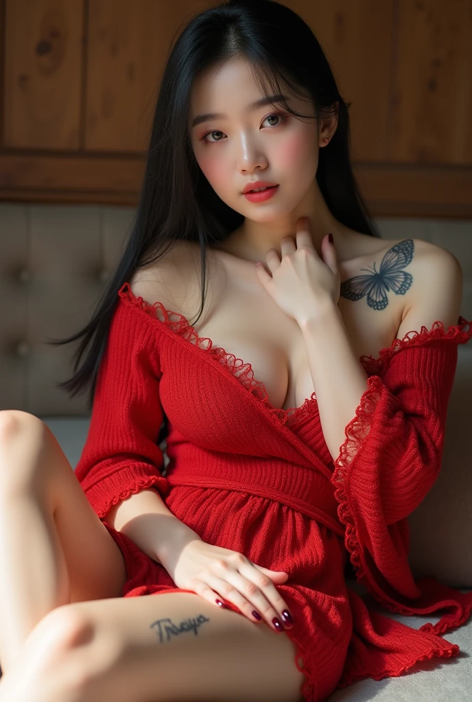 Chinese girl, white skin, shaggy breasts, big breast, 2, happpy face, thick body, sexy body, curvy waist, sunny morning, milky white skin, a butterfly tattoo on the shoulder back, a big flower tattoo on the thigh, there is a text tatoo says "Thasya" on the lower arm, sexy red knitted gown, lying comfortably, on the massage room, spread the legs, nakeness, full body, beautiful nail arts, thin pubic hair, wide open her legs, black hair, straight hair, sexy toe, camera from bottom, full body from toe to head, full body on frame, left hand covers right breast