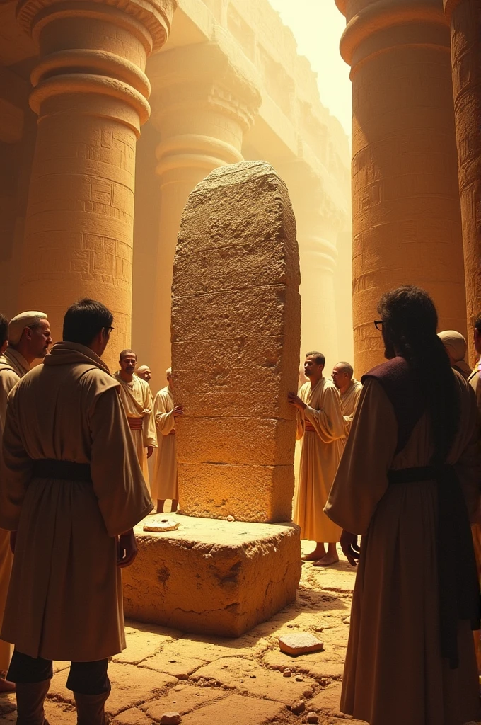 A dramatic depiction of the Rosetta Stone being discovered in Egypt, with scholars excitedly examining the ancient artifact.