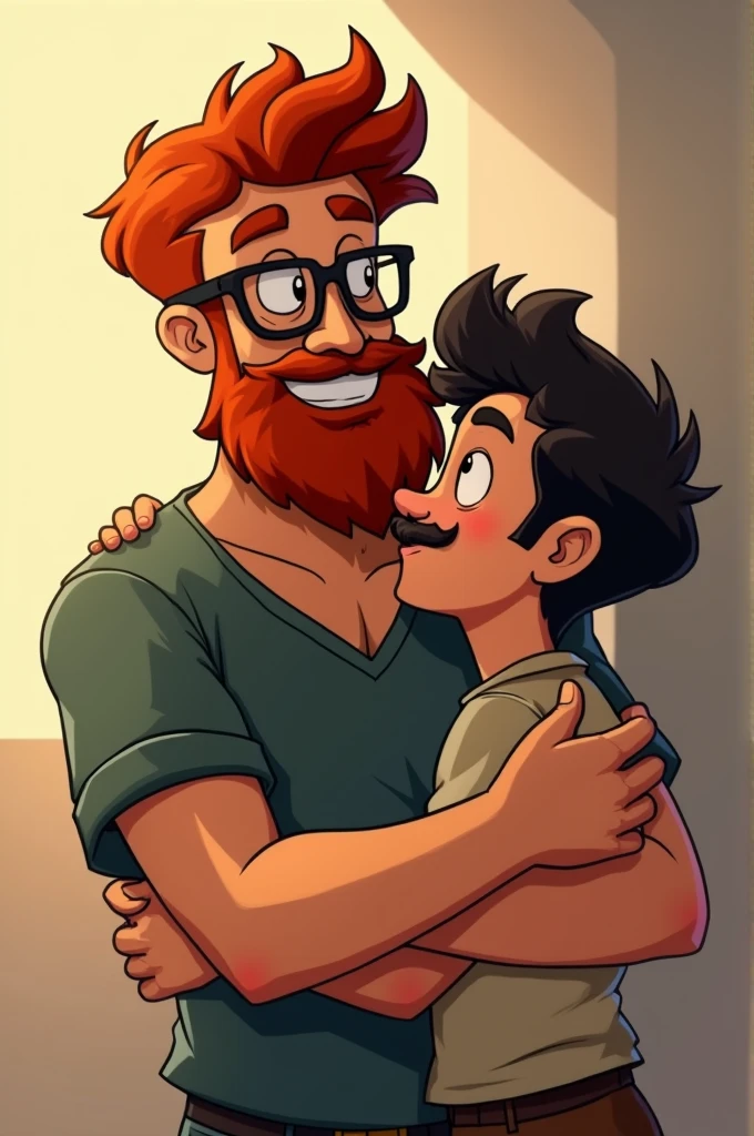 Create animation of a red-haired man with glasses and a beard, accompanied by a dark-haired man without glasses with a half-grown mustache, hugging , redhead is taller.