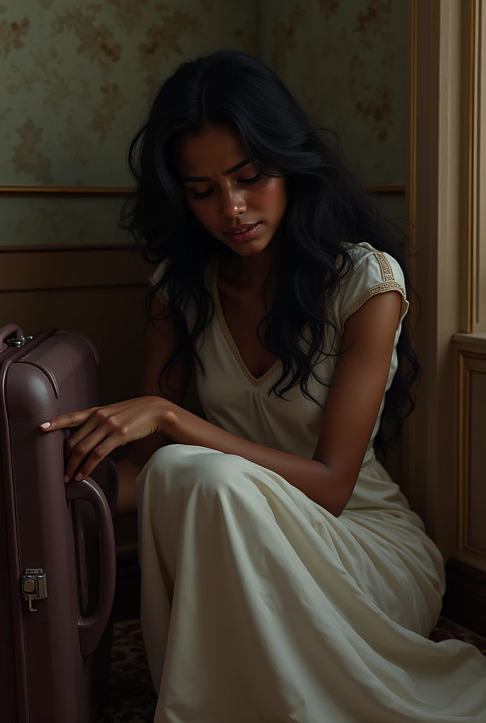 With an crying face at a corner Generate an image of a dark black beautiful woman in a modest dress crying with luggage by her side in a luxurious room