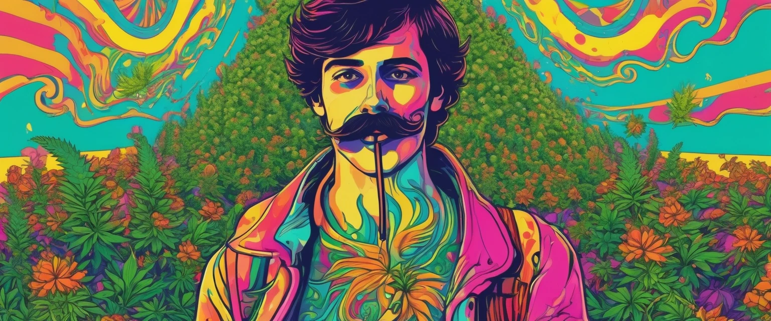 generate psychedelic image of a young man with a mustache and no beard, just a mustache in a marijuana garden, the young man is smoking marijuana, psychedelic art
