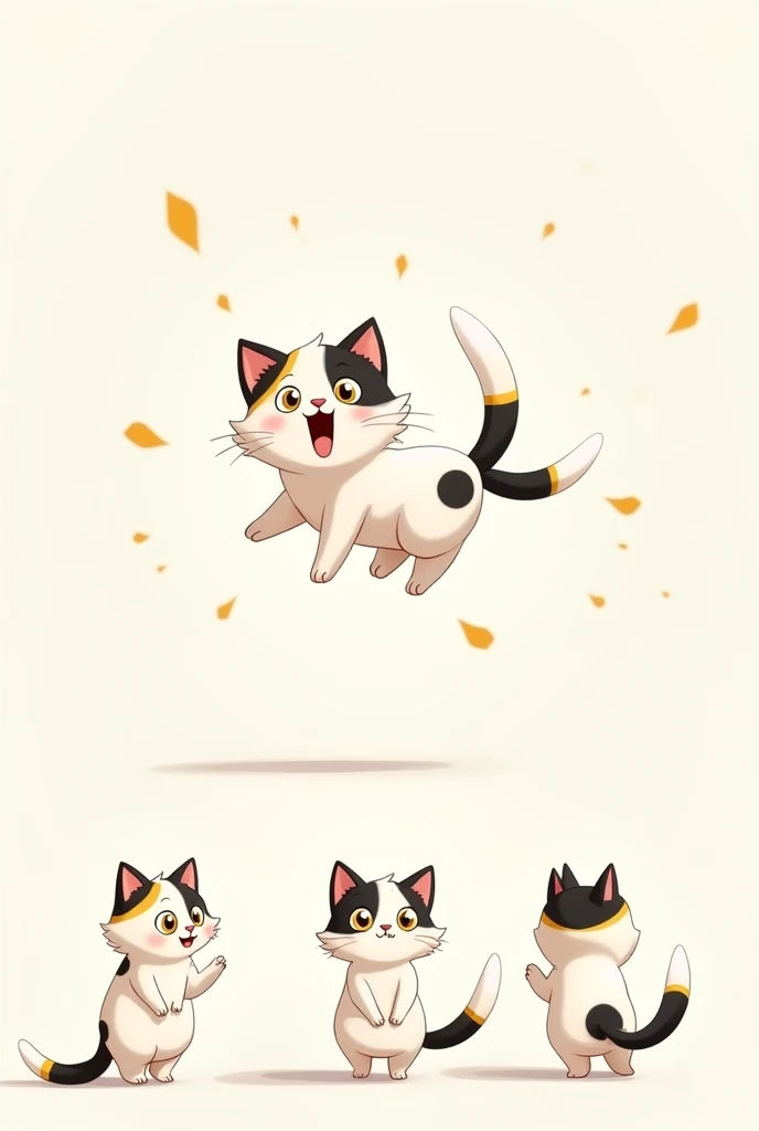 Believe me several illustrations of a white cat with black and yellow spots animated in different angles several images