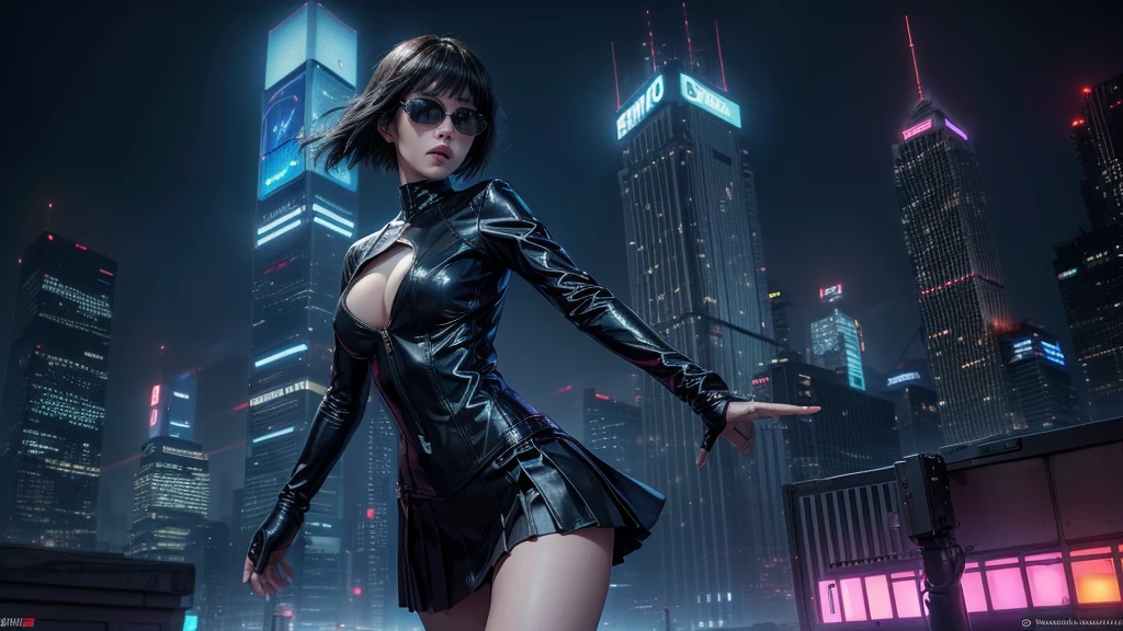 (Wide angle view). "ghost in the shell" film inspired futuristic Tokyo city, simple outlined neon tall buildings, OLED holographic portrait on buildings, glowing giant clock tower, 1drone, lightning, 3D rendering Beeple. At night, (1girl, solo, alone), photorealistic, medium-breast slim:0.6 body, oval:0.5 face, cleavage:1.1, sexy costume with deep-v, low view pleated miniskirt, glove, (Matrix style black micro sunglasses), ((aiming viewer with a short gun)), (running pose), (half-body thigh level close-up shot), cinematic lighting, ray tracing.