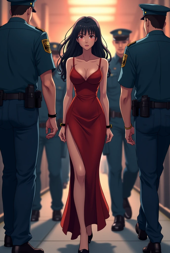 arrestованную взрослую девушку с руками в наручниках, dressed in a long, tight dress with a cutout and stiletto heels, under escort, manicure, arrest, anime