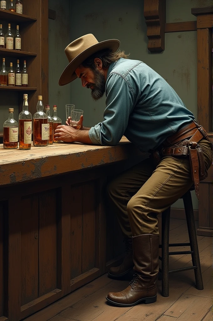 Drunk cowboy with many bottles of whiskey lying on the bar table