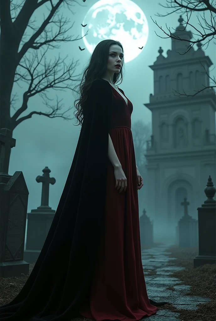 Illustrate a dark and gothic scene set in a fog-covered graveyard under a full moon. A elegant female vampire with pale skin, sharp fangs, and piercing red eyes stands in the foreground, draped in a black velvet cloak that billows in the night wind, flowing black hair and a blood-red dress. She has an aura of danger and allure. Around her, the graveyard is filled with ancient, weathered tombstones, twisted trees, and bats flying through the mist. The moonlight casts eerie shadows, and a crumbling mausoleum can be seen in the background. The overall atmosphere is chilling, with a blend of horror and gothic beauty. Moody lighting, high contrast, dramatic shadows, cinematic composition, 8K, use your sofisticated skills to give life for this mysterious image