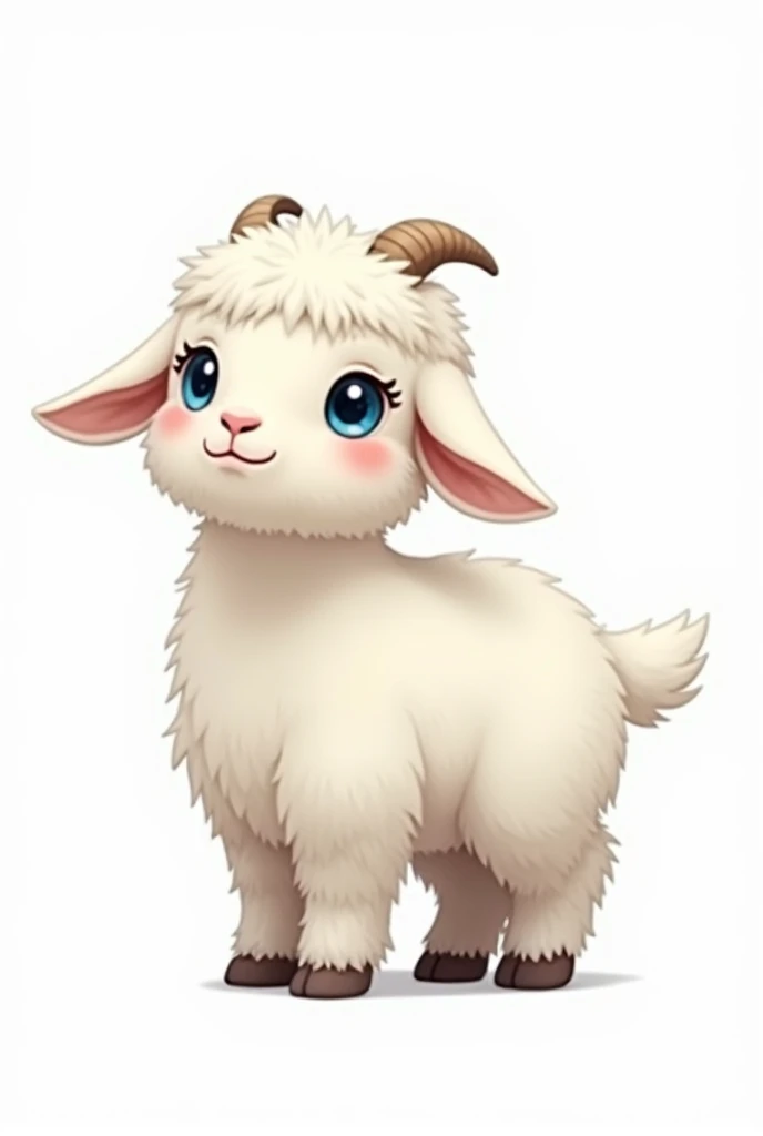 (8k), (HDR+), (ultra detailed fur), (Maximum resolution), (young), (10 years), (left side: front view), (right side: back view), (full body view), (empty white background), (standing), (small body), (small stature), (do), (male), (goat), (white fur), (fluffy furry body), (black sclera), (bright blue eyes), (Very long fluffy goat ears dropped down), (simple hands and foots), (embarrassed face), (kemono style), (goat kid, (simple round glasses), (1 meter high), (small sheathed canine penis)