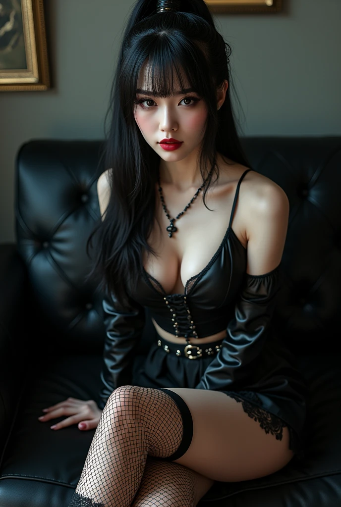 Erotic goth asian  woman with fishnets short skirt and boots sitting on the sofa 