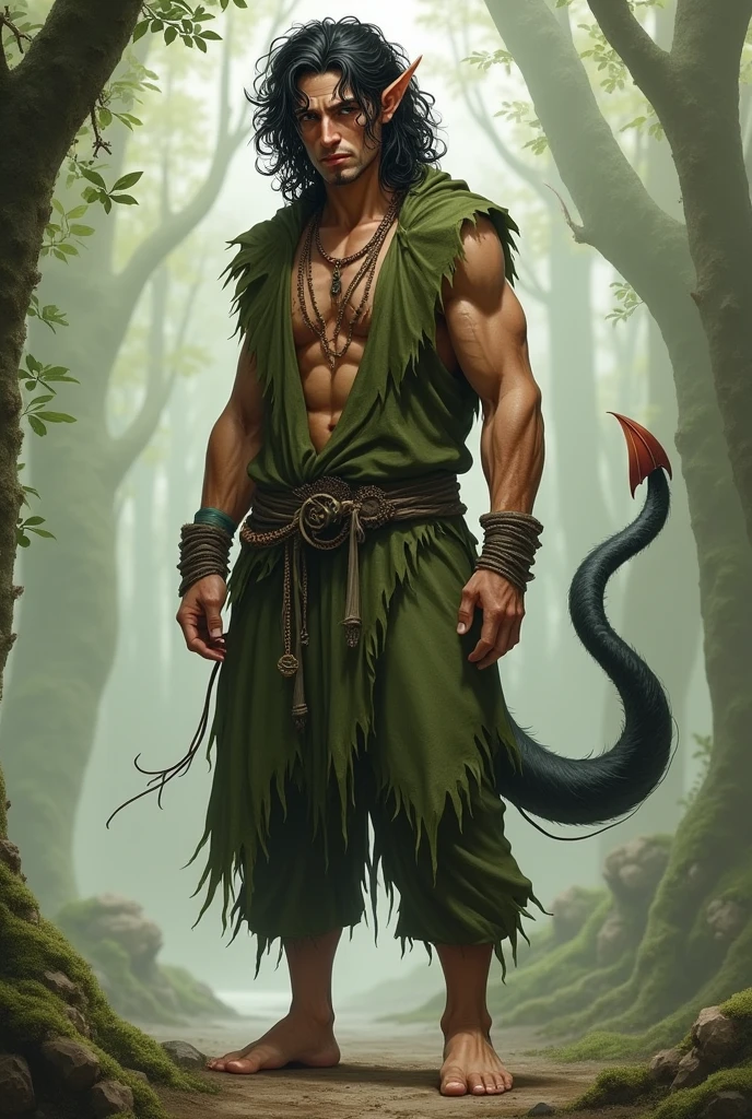 Create an image of a one 2 human druid with short pointed ears and tanned skin. He has long curly black hair and wears a simple moss-green outfit. The druid is barefoot, and his fingernails are slightly pointed. He also has a DEMONIC TAIL but no horns.