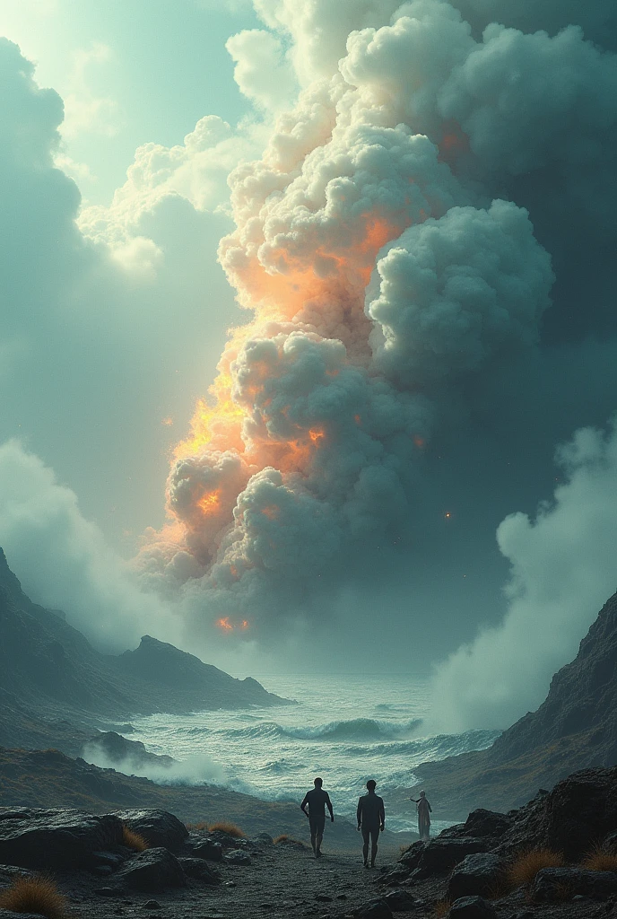 land, water, wind is fire mixing creating an explosion without people