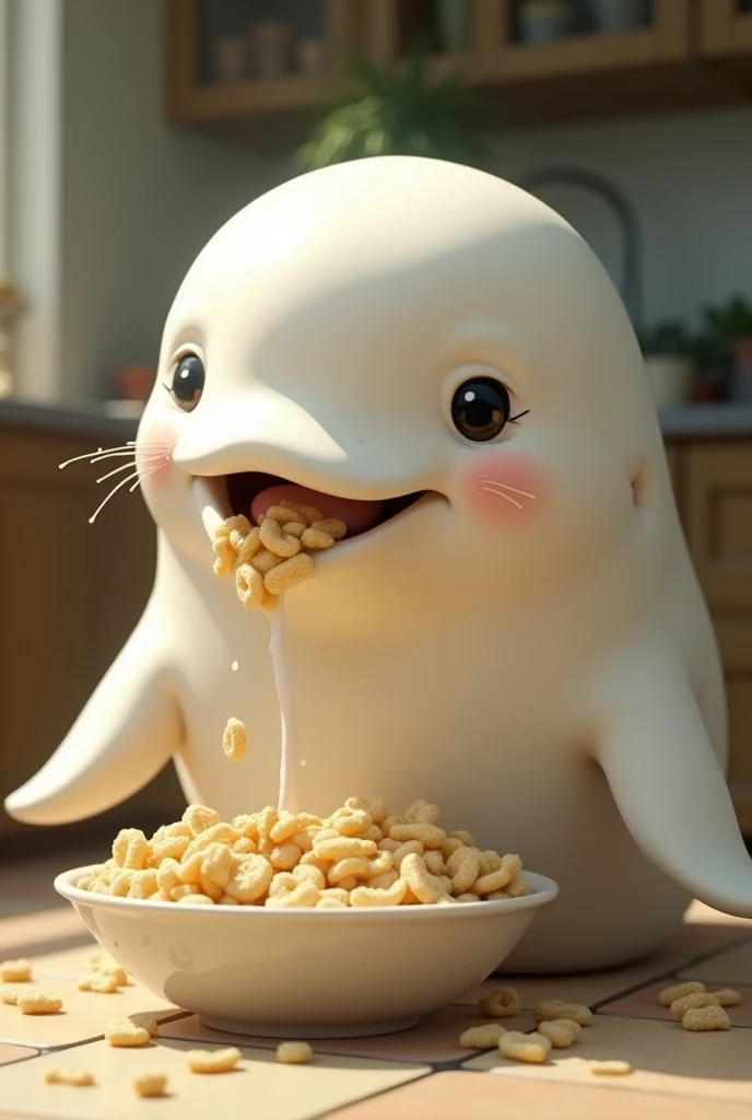 A beluga eating cereal