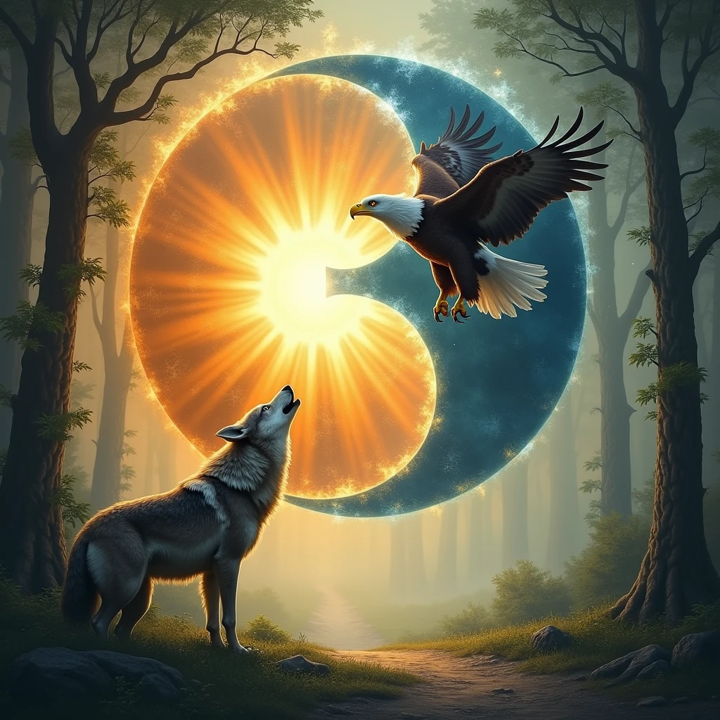 Create a sun and moon Ying Yam with an eagle spread its wings in the corner and a lone wolf howling at the Ying Yam