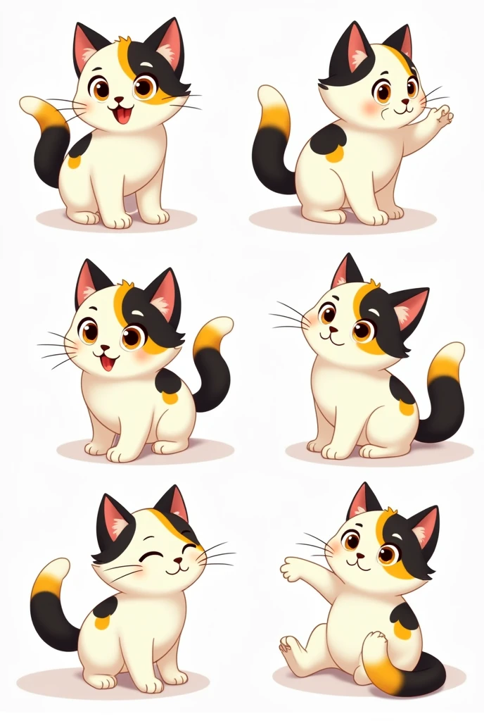 Believe me several illustrations of a white cat with black and yellow spots animated in different angles several images