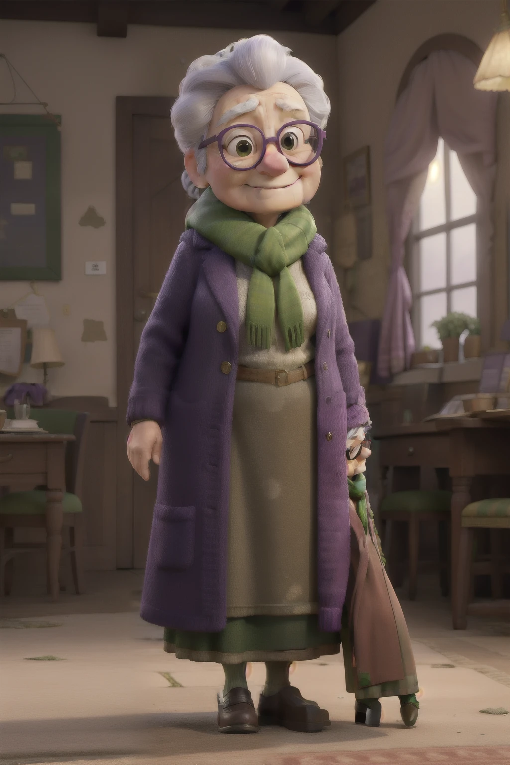 work of art, best qualityer, An old woman with glasses and a scarf, wearing a purple coat and green scarf, stopped not park
