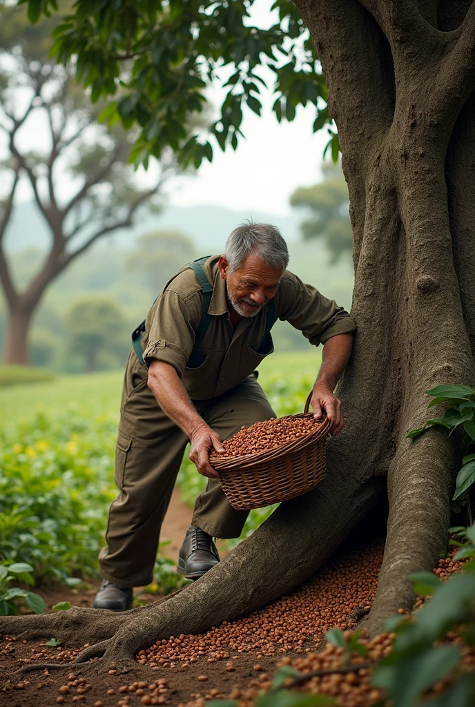 A man tripping over an araucaria tree root while harvesting coffee beans