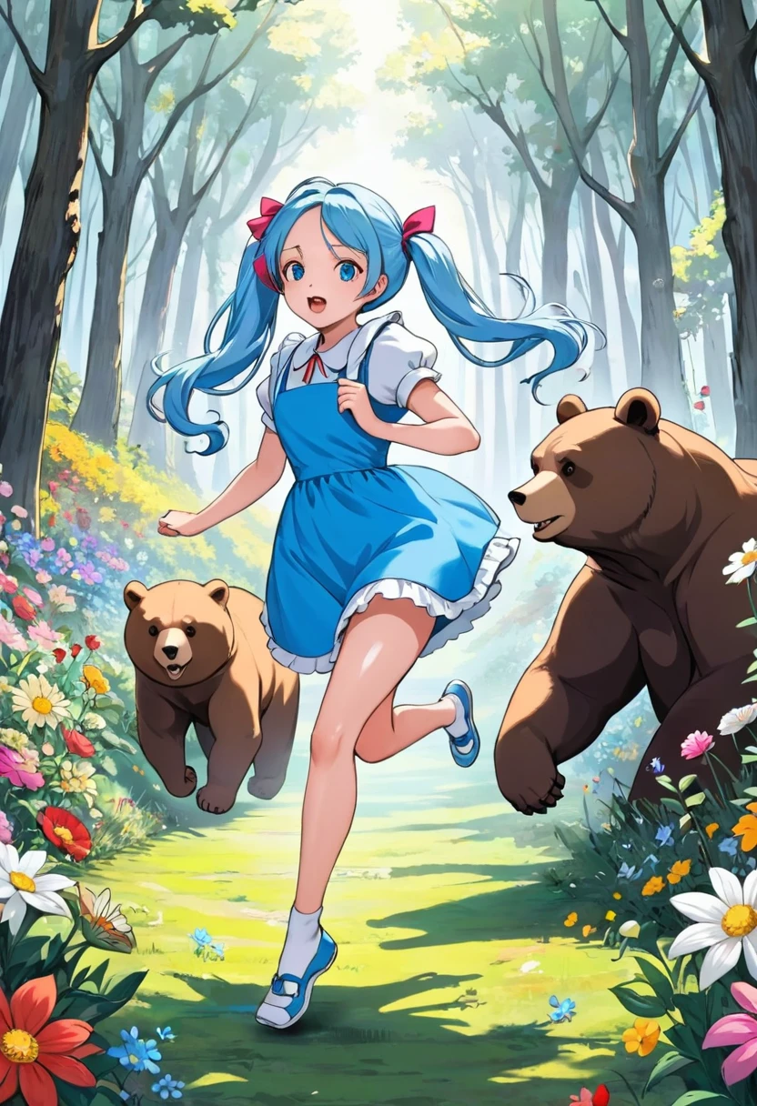 Alice in Wonderland、Light blue long hair、beautiful girl with twin tails、Running for his life through the woods, chased by a huge, scary bear、Desperate look、There are many colorful flowers blooming at my feet.