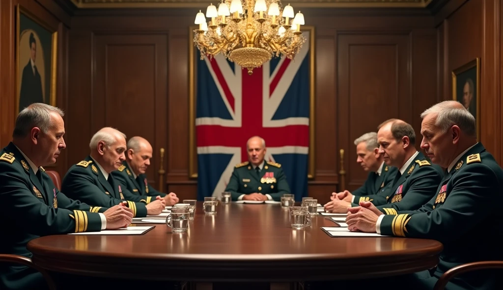 a highly detailed photo of british generals and commanders in a meeting room, realistic, photorealistic, 8k, ultra-detailed, professional, dramatic lighting, intense expressions, serious demeanor, military uniforms, oak table, chandelier, british flags