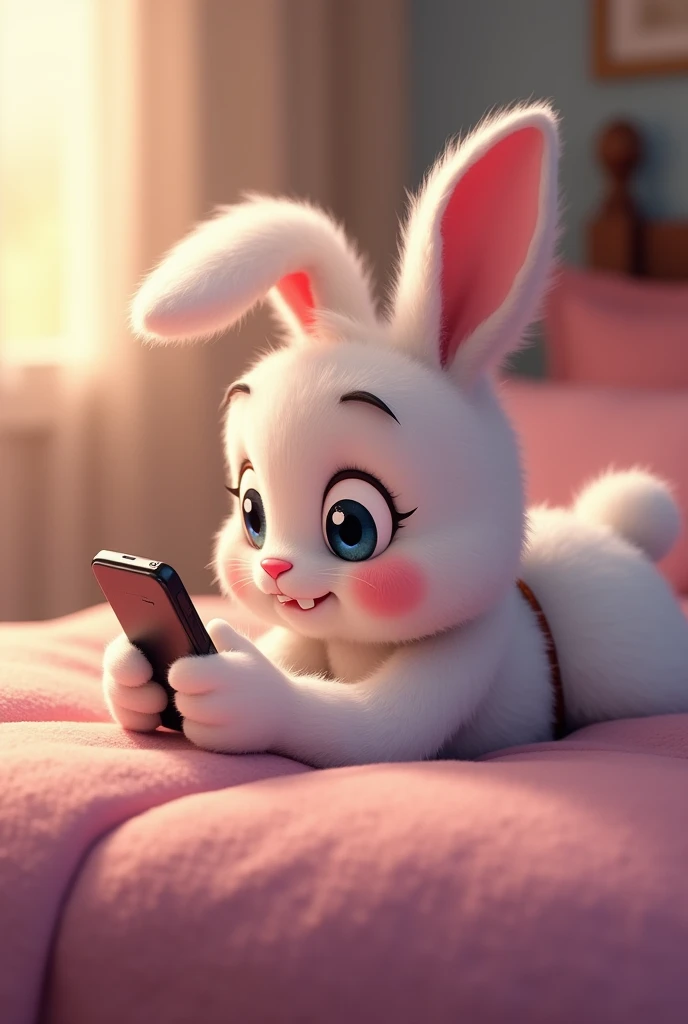 Cute male animated rabbit in thong flirting and texting on a phone. lying on a bed