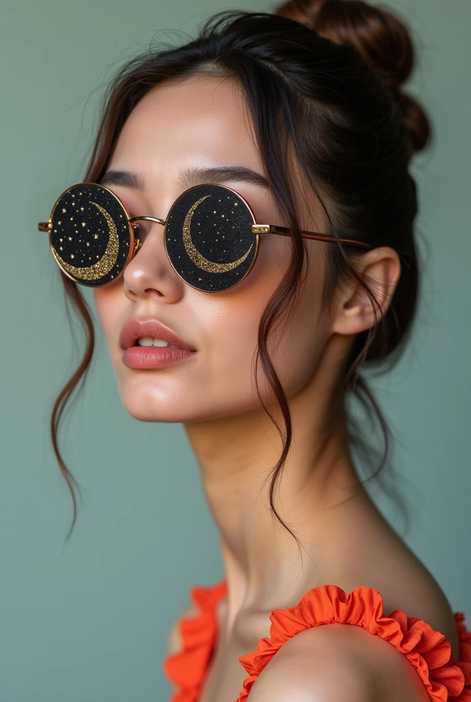 The model is wearing glass sunglasses with stars and the moon on the glass