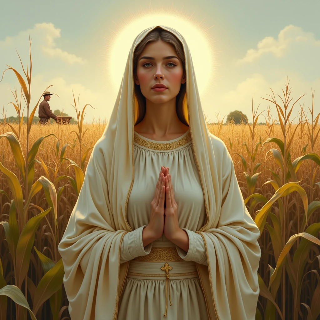 Could you make the original full-body Virgin of Carmen?, But in the background there is a corn field with a farmer