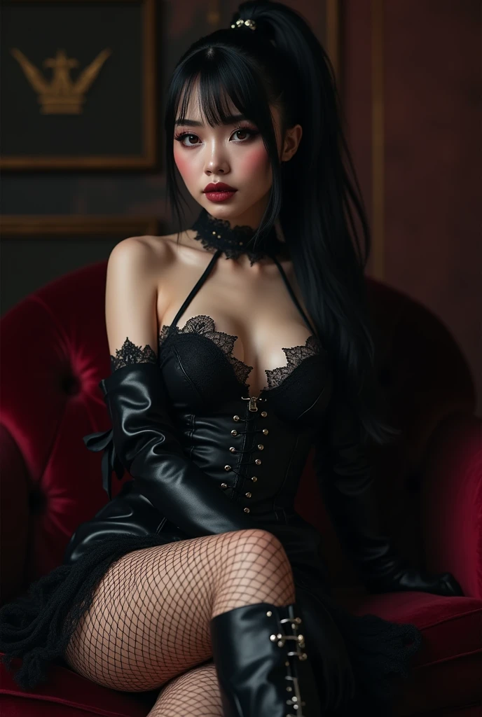 Erotic goth asian woman with fishnets short skirt and boots sitting on the sofa