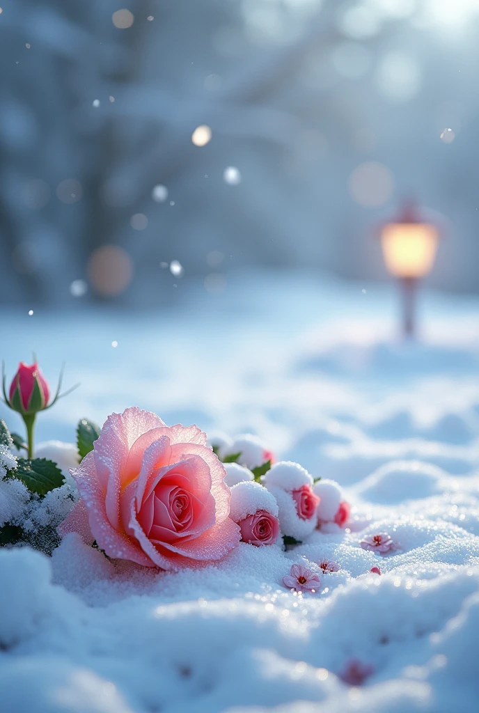 a snow-covered winter landscape, blizzard, pure white, interplay of light and shadow, layered depth, distant lamp in the far background, 2.5D, dynamic and intricate special effects, sparkling highlights, ethereal fog effects, artistic photography, surrealistic, CG digital art, rose, water droplets,A bunch of flowers