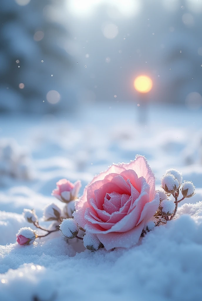 a snow-covered winter landscape, blizzard, pure white, interplay of light and shadow, layered depth, distant lamp in the far background, 2.5D, dynamic and intricate special effects, sparkling highlights, ethereal fog effects, artistic photography, surrealistic, CG digital art, rose, water droplets,A bunch of flowers