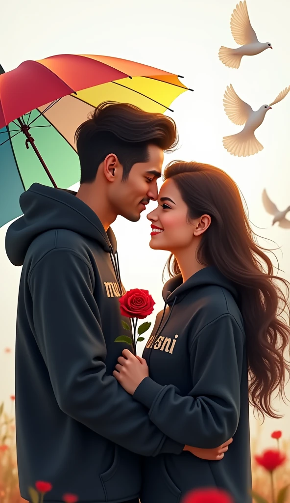 Realistic Pakistani 2 Handsome boy ,Black Hoodie with a 30-year beautiful girl in a Black Hoodie, the girl has a red rose flower in her hand, and the boy holding a multi-colorful umbrella in his hand, written in "Murshid" in the boy's hoodie, and "Peerni" in girl hoodie, in outdoor Park with white Background Doves Flying, Beautiful picture, pretty girl, So happy picture, profile pic, Rainbow Behind, 3d illustration, hyperrealistic, Look straight