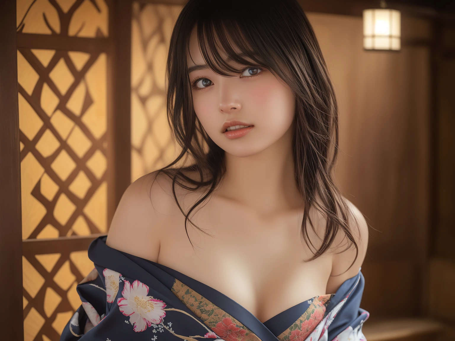 masterpiece, best quality, soft light, ultra high res, ray tracing,( photorealistic:1.4), RAW photo, memorable scenes, sensual atmosphere, very pretty look face, and very pretty eyes, cute images, lovely images, 1japanese girl, solo, cute, ( pupil, lights in the eyes), detailed beautiful face,( high resolution detail of human skin texture), Beautiful girl, gravure body type, large breasts, solo focus,( full body shot), professional angle, underwear silk, decorated kimono, floral print  kimono, off shoulder,( off shoulder kimono),( collarbone), bare breasts, outdoor, shrine, sexual pose,( portrait)