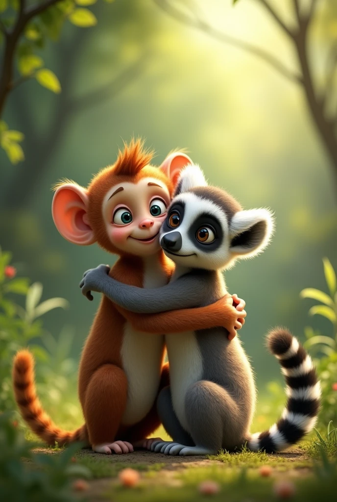 A monkey and a lemur hugging