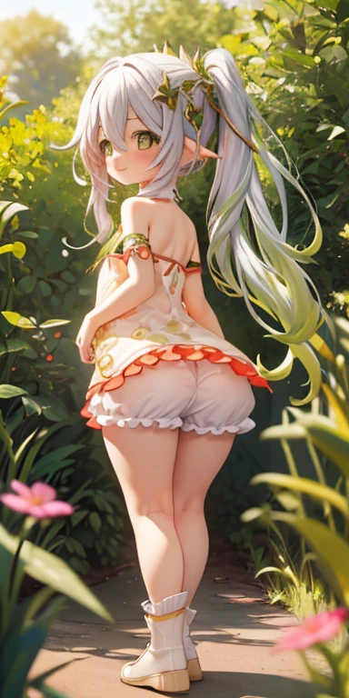 Thick thighs,Nahida,, , ,, Flat Chest, whole body, Frame from head to toe, Hata, Thick thighs, Bloomers, bend over, Buttを見せる( Butt), Outdoor, cute girl, cute , one piece