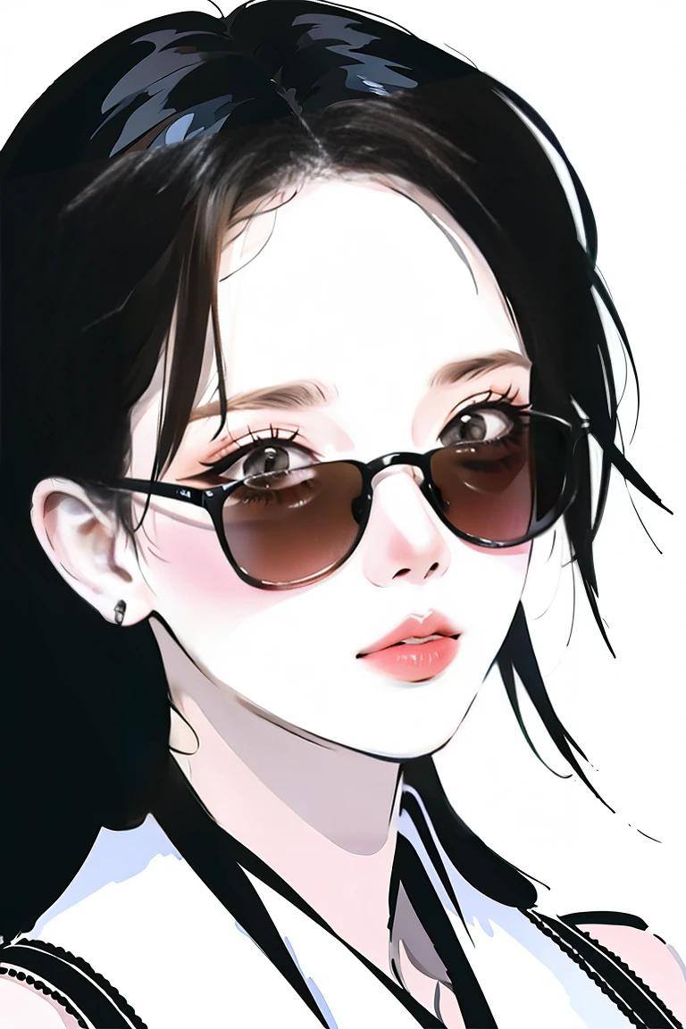 (Portraits:1.4), (masterpiece:1.2, best quality:1.2), from above, upper body, 1girl, Look up, face focus, extremely detailed face, extremely detailed eyes, good-looking, make up, finger on lips, sunglasses, fashion wear, earrings,