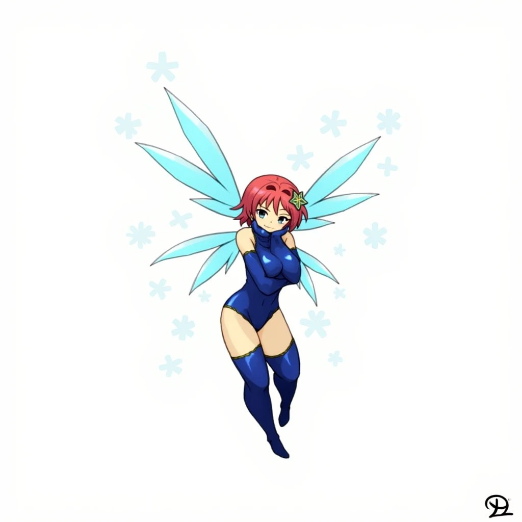 Pixie from Shin Megami Tensei, Rest chin on palm, Flapping wings, The background is a blue-based laboratory, Very cute