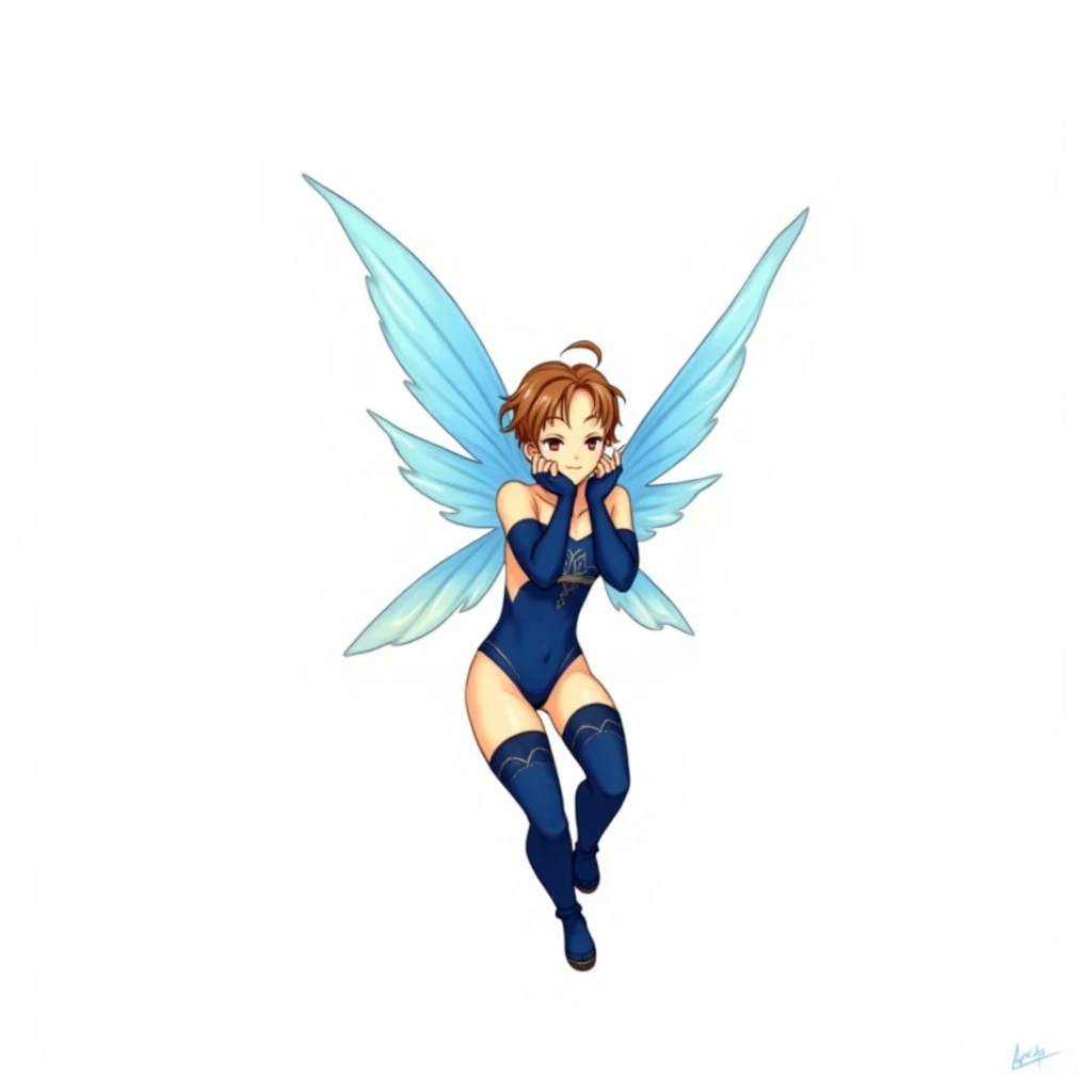 Pixie from Shin Megami Tensei, Rest chin on palm, Flapping wings, The background is a blue-based laboratory, Very cute