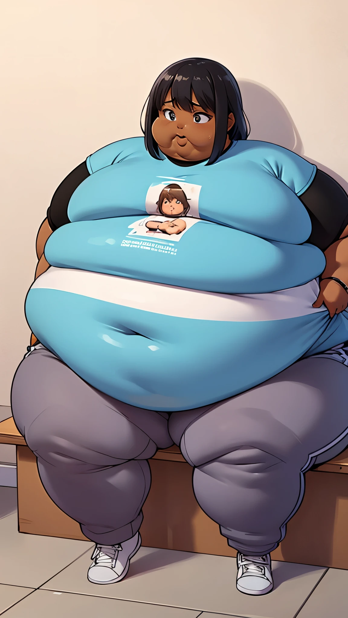 Extremely obese black woman, fat blob, fat arms, fat face, fat legs, fat rolls, brown skin, grey shoulder legth hair,, wearing a blue T-shirt and loose sweatpants, sitting on the floor, fag blob