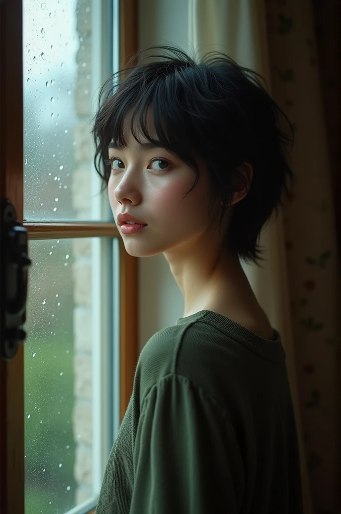 Beautiful woman with short hair and green eyes is standing at the window of her apartment looking at the rain