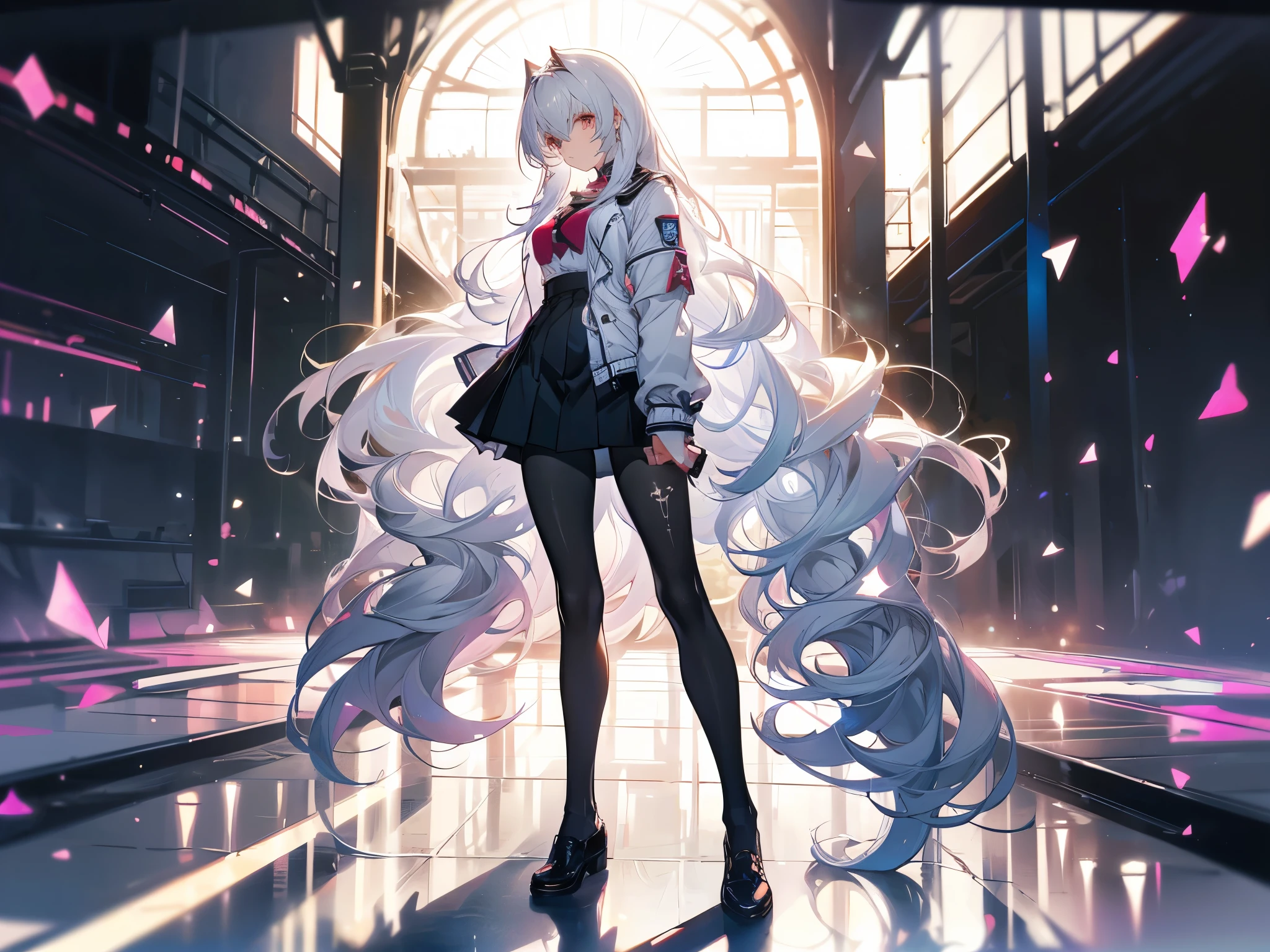 Perfect quality，Perfect body proportions，Long legs，student，jk outfit，whole body，Long curly hair，Standing picture，White，sexly, Big ，Pantyhose，perspective，transparent，